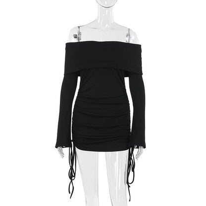Autumn Socialite Elegant Sexy Slim off Shoulder Drawstring Bag Hip Dress Women