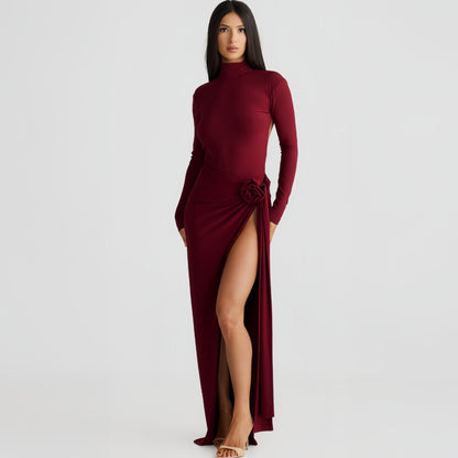 Autumn Women High Collar Backless Long Sleeves Jumpsuit Sexy Slit Dress