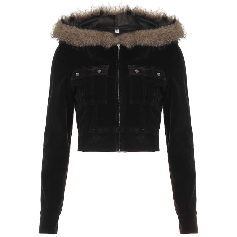 Women Fur Stitching Hooded Zip Cardigan Pocket Design Jacket Autumn Winter Solid Color Sexy Velvet Coat