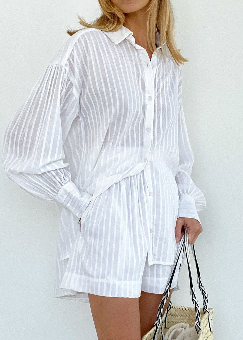 White Shoreline - Striped Cotton Shirt and Shorts Set