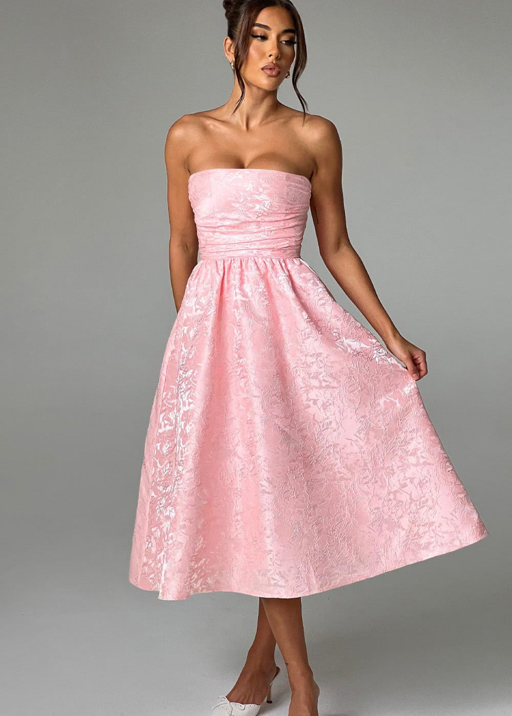 Blush Rosette – Strapless Jacquard Midi Dress with Corset Back