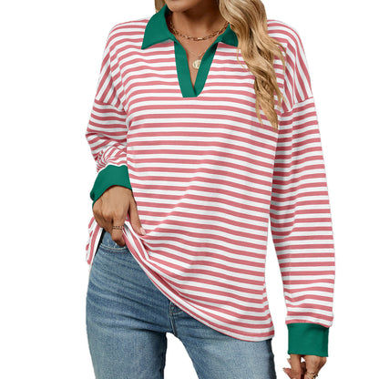 Autumn Winter Contrast Color Lapels Loose Long Sleeve Striped Sweater for Women