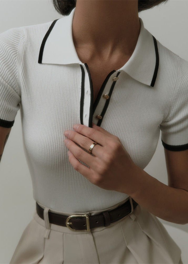 Vienna Line - Ribbed Knit Polo Top with Contrast Trim
