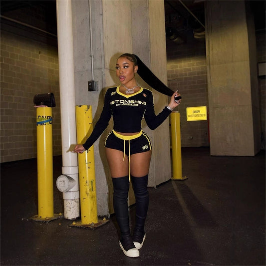 Fall Retro Contrast Color V neck Slim Fit Sexy Long Sleeve Top Drawstring Shorts Two Piece Sets