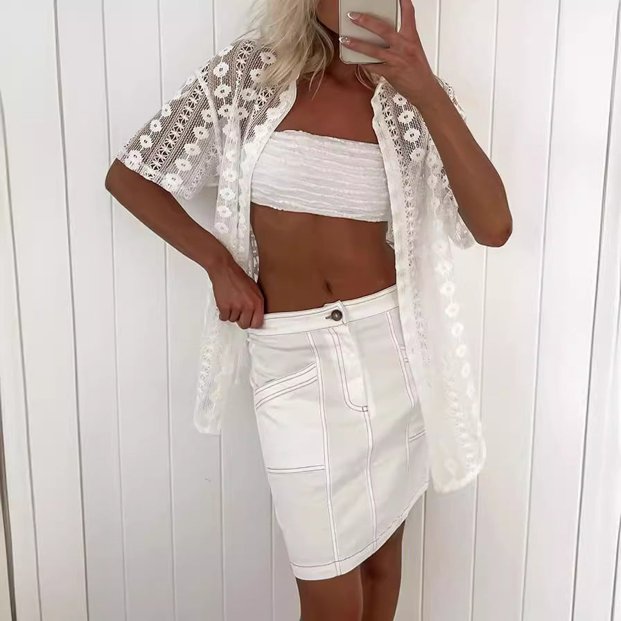 Casual White Lace Hollow Out Cutout Short Sleeve Cardigan Shorts Two Piece Set