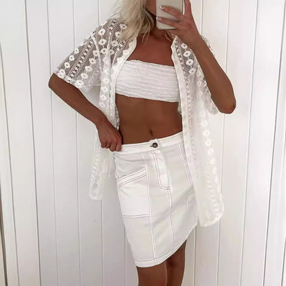 Casual White Lace Hollow Out Cutout Short Sleeve Cardigan Shorts Two Piece Set