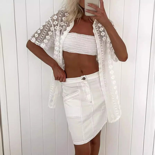Casual White Lace Hollow Out Cutout Short Sleeve Cardigan Shorts Two Piece Set