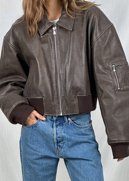 Vintage Charm Leather Bomber Jacket