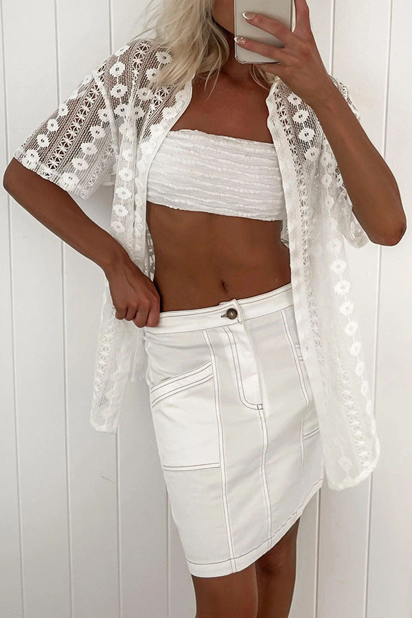 Casual White Lace Hollow Out Cutout Short Sleeve Cardigan Shorts Two Piece Set