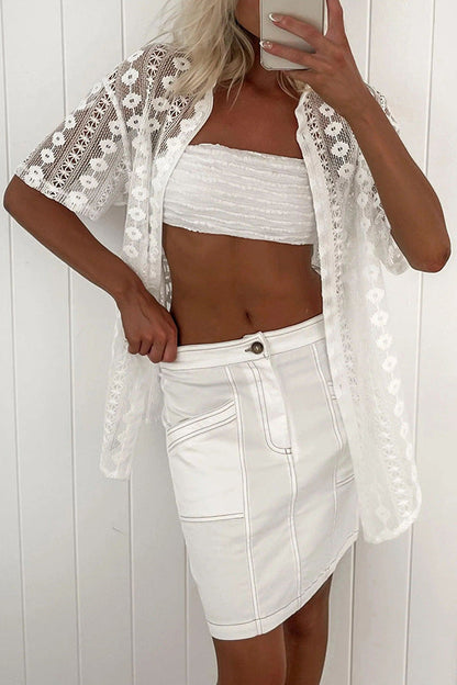 Casual White Lace Hollow Out Cutout Short Sleeve Cardigan Shorts Two Piece Set