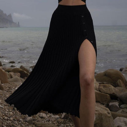 Autumn Winter Slit Sweater Pleated Skirt Lace-up Sweater Suit for Women