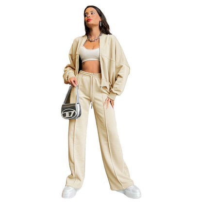 Conjunto de cárdigan con cremallera de color liso para mujer, pantalones rectos informales, otoño e invierno