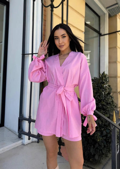 Taffy Wrap-Front Linen Set – Belted Long Sleeve Shirt & High-Waisted Shorts