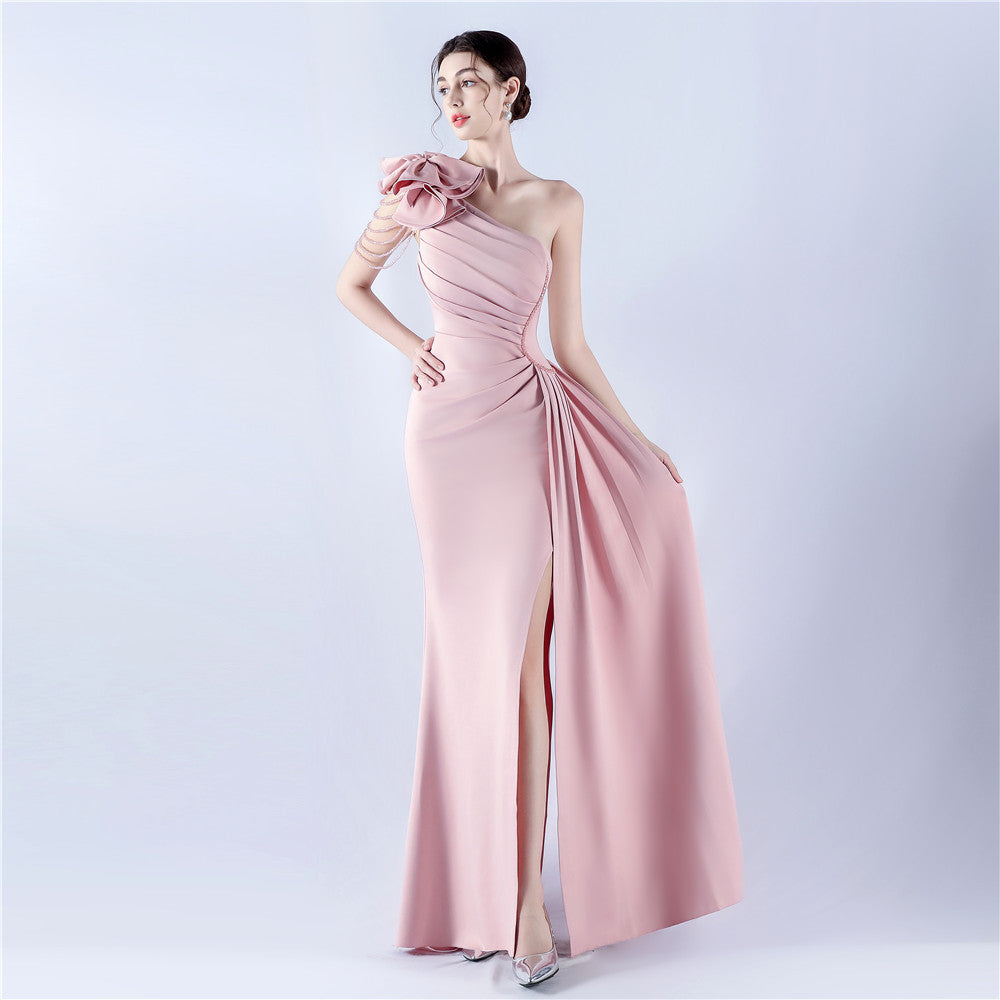 Women Clothing Heavy Industry Beads Handmade Artistic Floral Pleated Craft Satin off the Shoulder High Fork Evening Dress