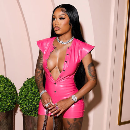 Women Backless Slim Fit Faux Leather Flying Sleeves Casual Romper