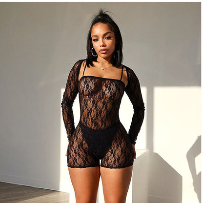 Arrival Women Clothing Sexy Lace Hollow Out Cutout out Long Sleeve Spaghetti Strap Jumpsuit