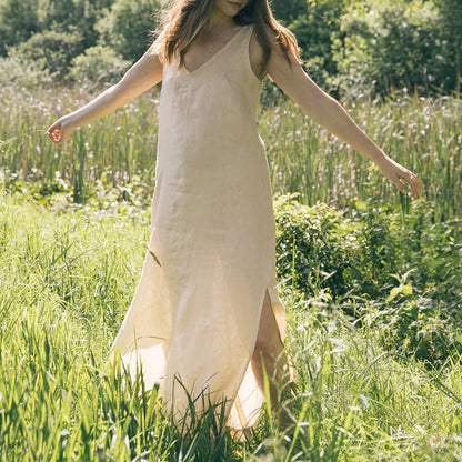 Summer Casual Front Back V Neck Dress Linen Sleeveless High Waist Split Knee Length Backless Cotton Linen Vest Dress