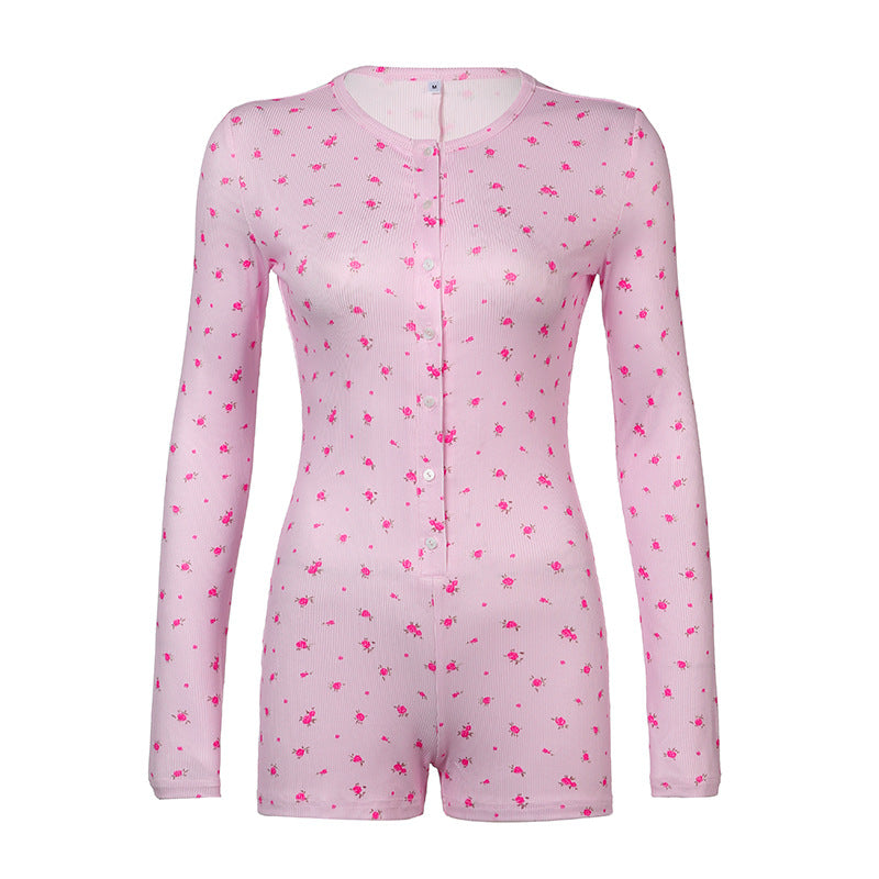 Mono informal con estampado floral y escote en V para mujer, con doble botonadura, manga larga, sexy, ajustado, para estar en casa, pantalones cortos a la cadera