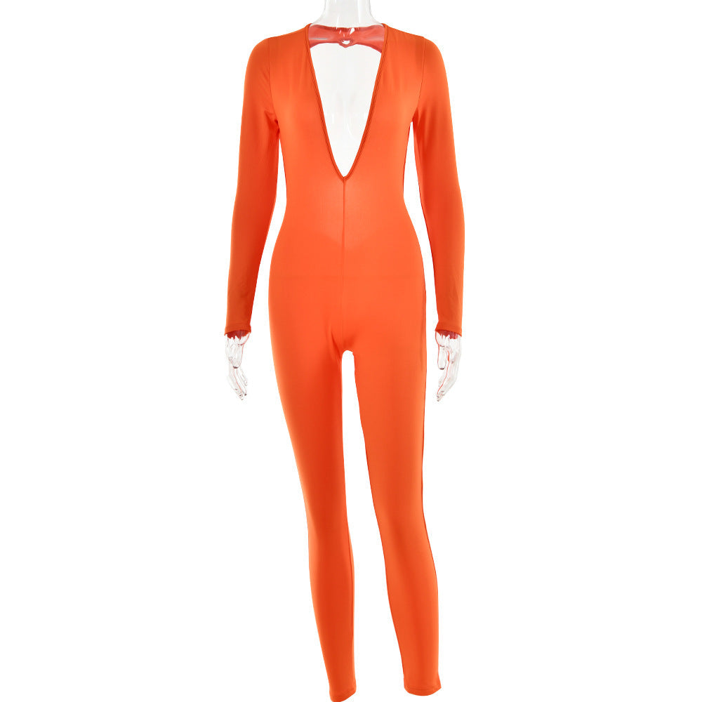 Autumn Deep V Plunge neck Long Sleeved Leggings Women Sexy Backless Tight Jumpsuit