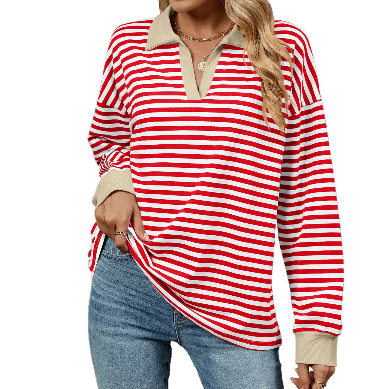 Autumn Winter Contrast Color Lapels Loose Long Sleeve Striped Sweater for Women
