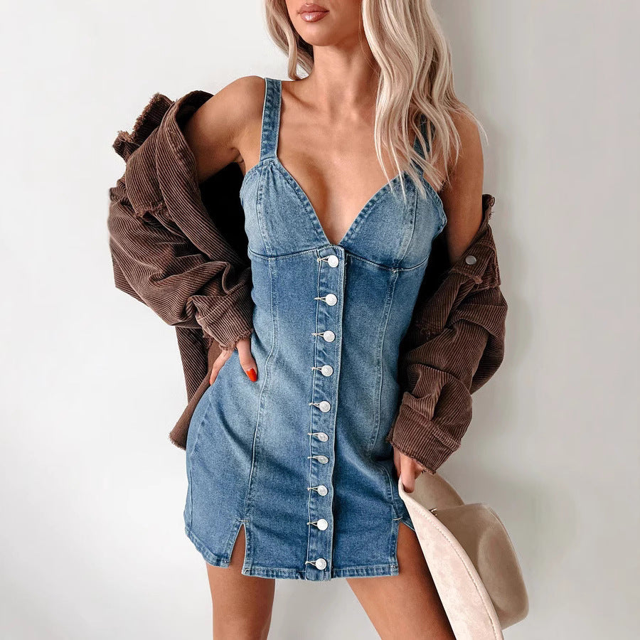 Women Clothing Summer Sweet Spicy Cardigan Strap Retro Denim Dress