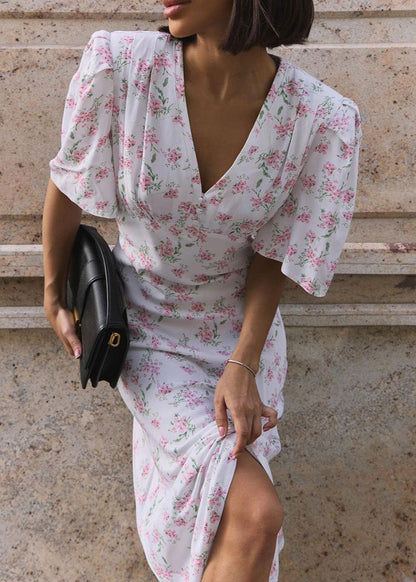 Blossom Grace - Pink Floral Midi Dress with Puff Sleeves