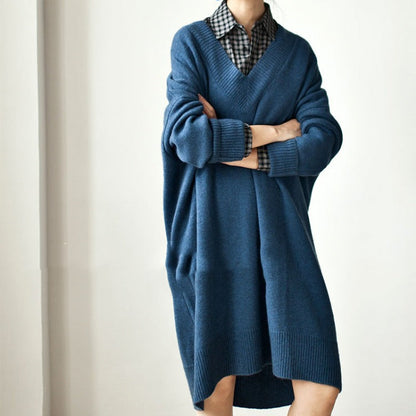 Autumn Winter Korean V Neck Sweater Mid Length Loose Sweater Women Pullover Thick Dress