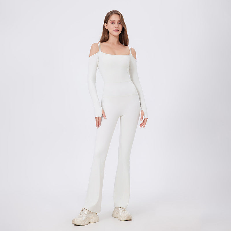 Pantalones de yoga ajustados de tacto nude para otoño e invierno con almohadilla para el pecho, manga larga, hombros descubiertos, deportivos, fitness, running, de una pieza, de campana