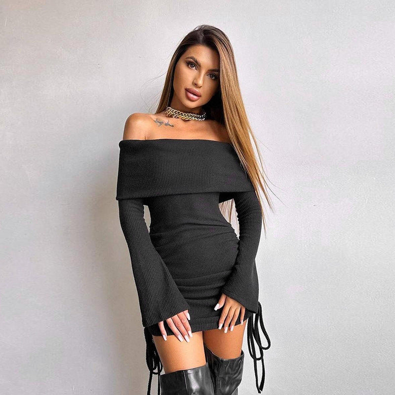 Autumn Socialite Elegant Sexy Slim off Shoulder Drawstring Bag Hip Dress Women