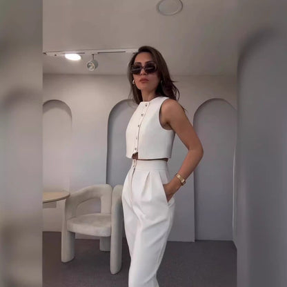 Conjunto de dos piezas formado por chaleco sin mangas y pantalón corto de cintura alta para mujer, primavera y verano