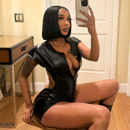 Women Backless Slim Fit Faux Leather Flying Sleeves Casual Romper