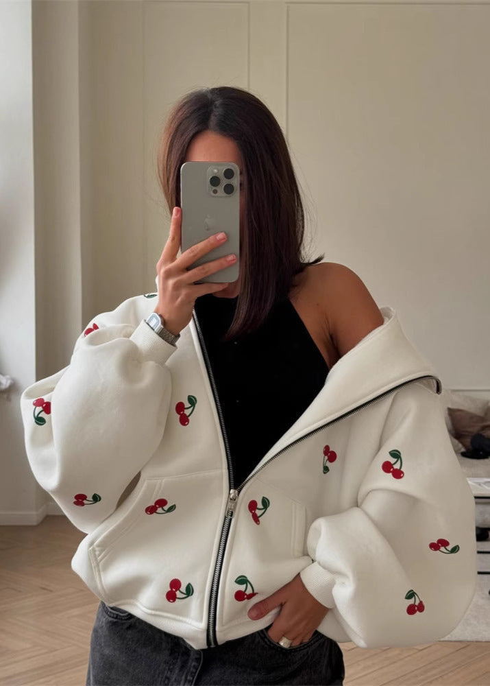 Cherry Mood - Oversized Zip-Up Hoodie with Puff Sleeves