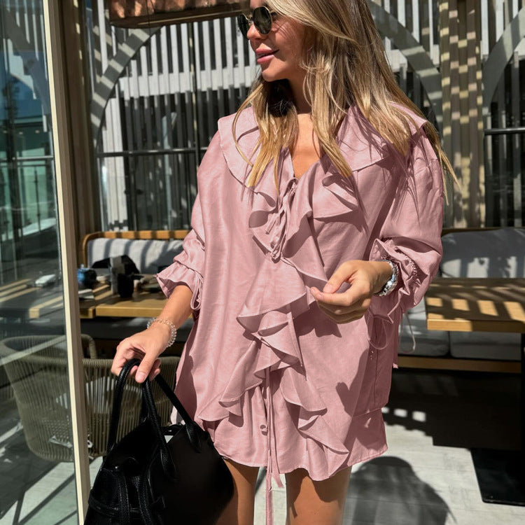 Casual French Design Bell Sleeve Loose Top Shorts Two Piece Set