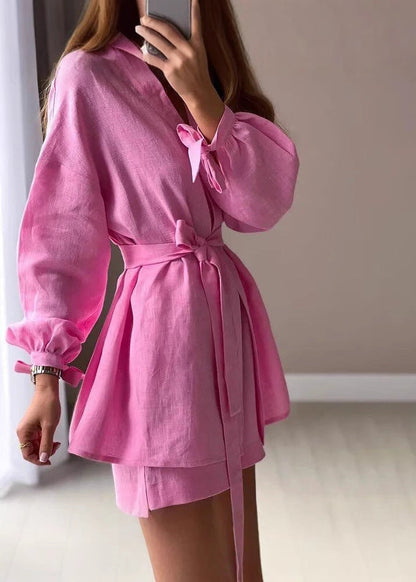 Taffy Wrap-Front Linen Set – Belted Long Sleeve Shirt & High-Waisted Shorts
