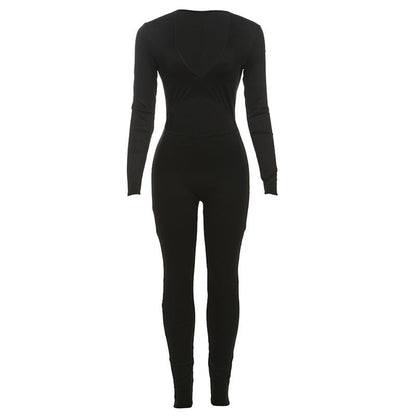 Mono deportivo sexy de otoño e invierno con escote en V profundo, ajustado, de manga larga y color liso para mujer