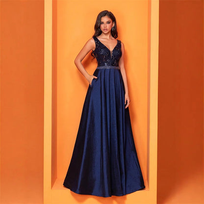 Sexy V neck Sequ Floor Length Evening Dress Elegant Sleeveless a Swing Cocktail Party Party Dress