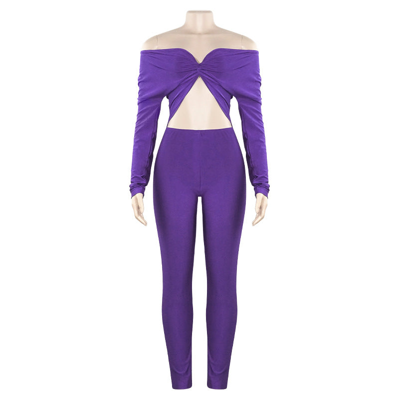 Autumn Solid Color V Neck Twist Hollow Out Cutout Cropped Sexy High Waist Long Sleeve Jumpsuit