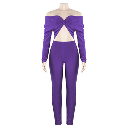Autumn Solid Color V Neck Twist Hollow Out Cutout Cropped Sexy High Waist Long Sleeve Jumpsuit