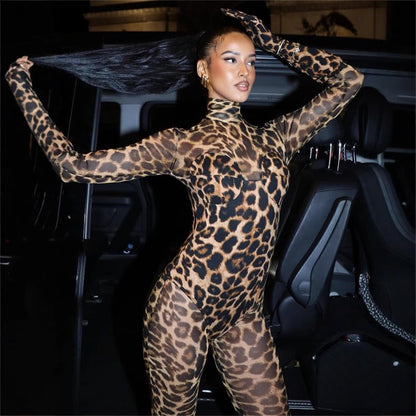Autumn Slim Sexy Mesh See through Leopard Print Stretch Jumpsuit