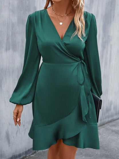 V neck Dress Satin Waist Tight Low Cut Casual Midi Dress Sweet Women Clothing