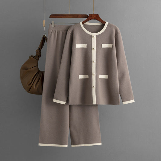 Pantalones anchos de punto para otoño e invierno, conjunto de dos piezas adelgazante de aspecto juvenil, conjunto informal clásico para mujer