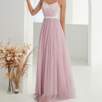 Women Suspender Evening Dress Mesh Cross Fold Lace Contrast Color Maxi Dress Summer