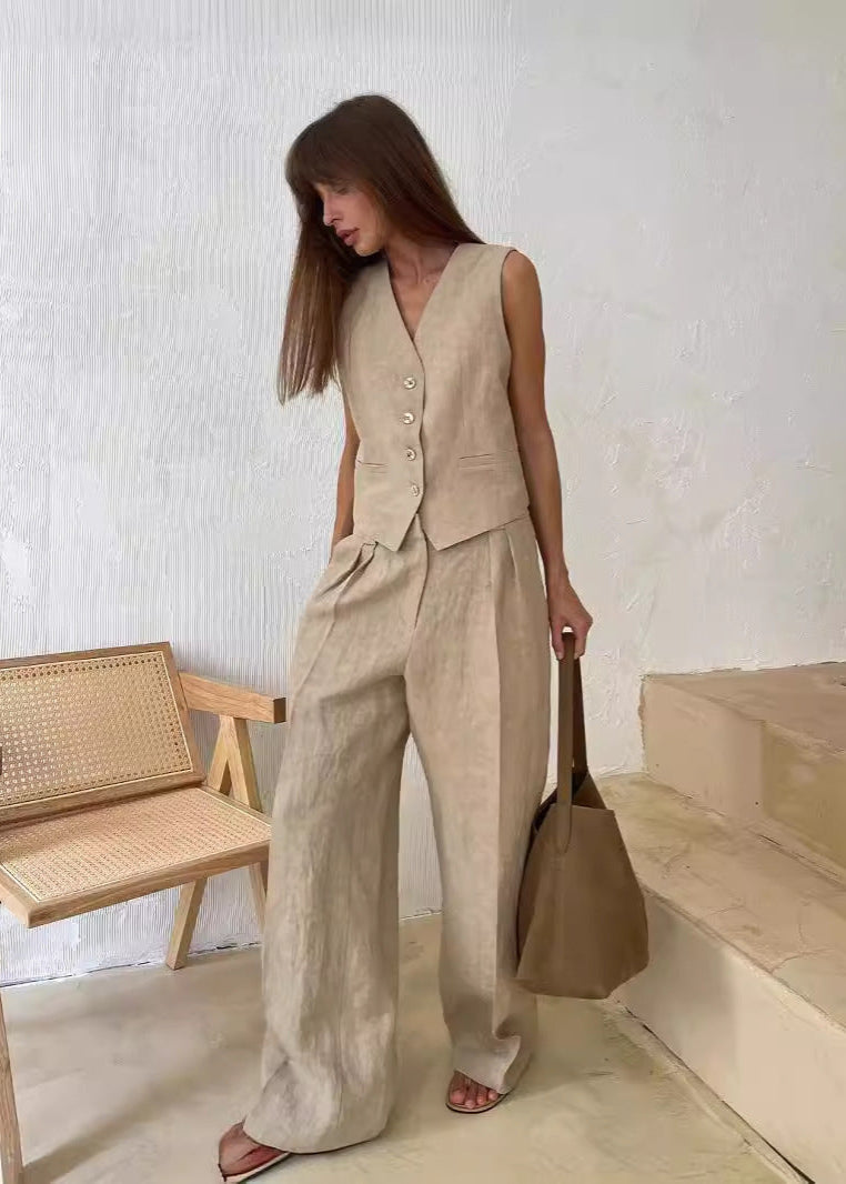 Linen Vest & Wide-Leg Pants Set