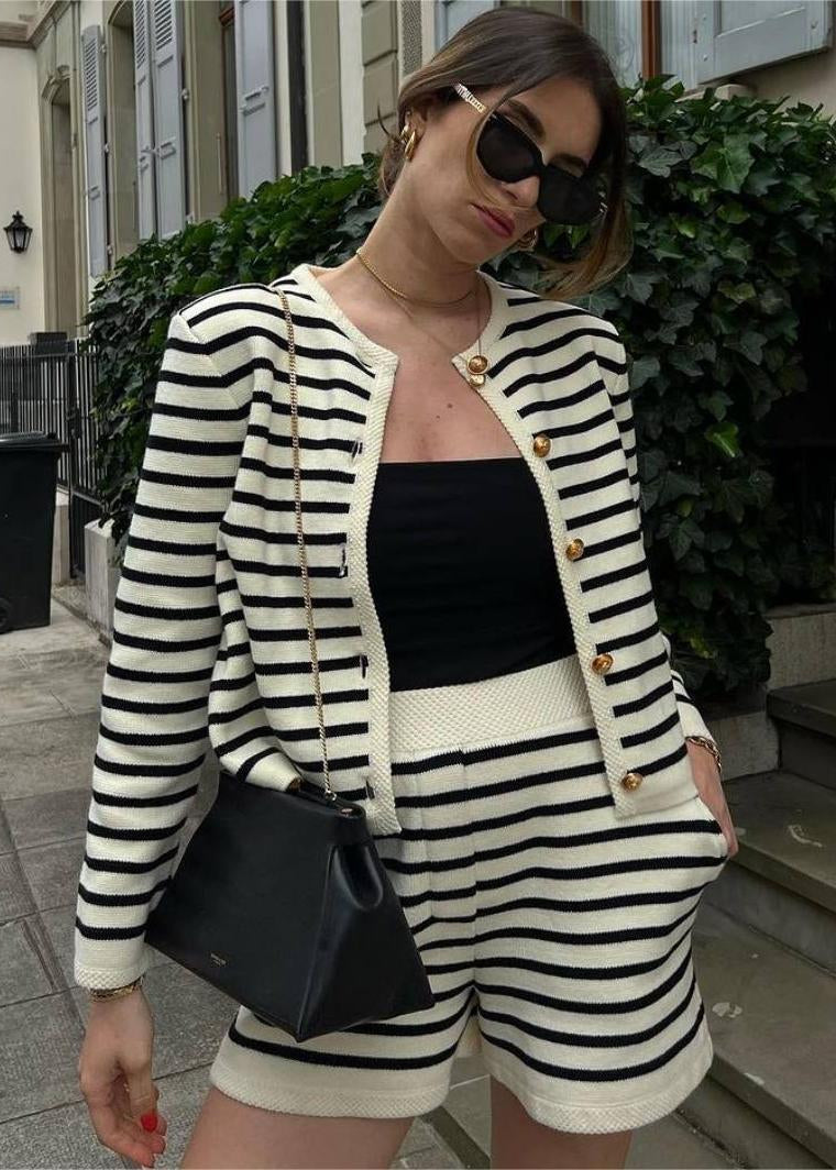 Marseille Knit Set – Striped Cardigan & High-Waisted Shorts