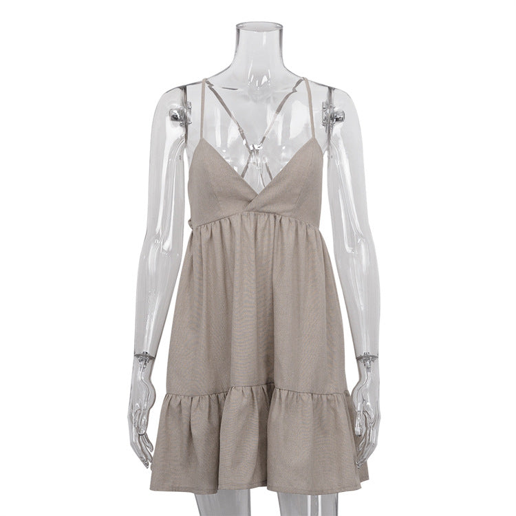 Early Spring Retro A line Slip Dress Sexy Sexy Pleated Cotton Linen V neck Dress