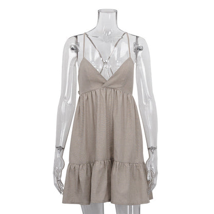 Early Spring Retro A line Slip Dress Sexy Sexy Pleated Cotton Linen V neck Dress