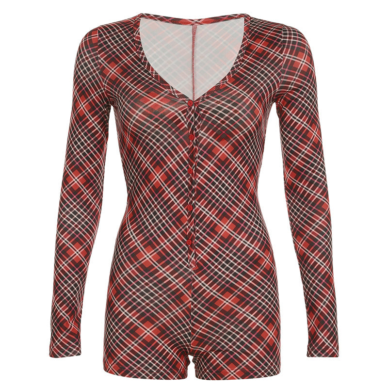 Mono navideño de manga larga con cuello en V y estampado navideño para mujer