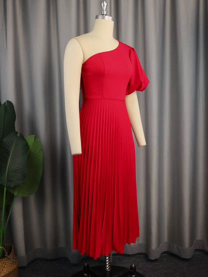 Vestido plisado informal de primavera Aomei con un solo hombro y cuello diagonal, ideal para salidas de primavera, vacaciones en la playa, con mangas abullonadas.
