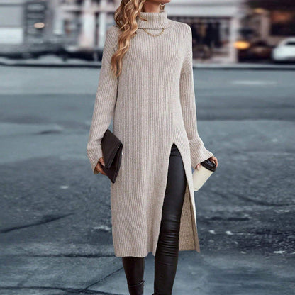 Autumn Winter Loose Turtleneck Long Sleeve Split Dress Sweater