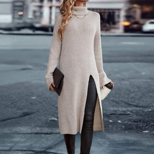 Autumn Winter Loose Turtleneck Long Sleeve Split Dress Sweater